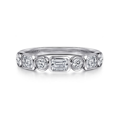 14K White Gold Bezel Set Emerald Cut and Round Diamond Anniversary Band