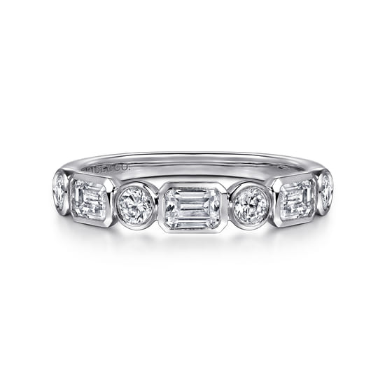 14K White Gold Bezel Set Emerald Cut and Round Diamond Anniversary Band