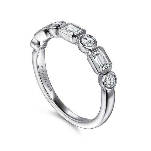 14K White Gold Bezel Set Emerald Cut and Round Diamond Anniversary Band