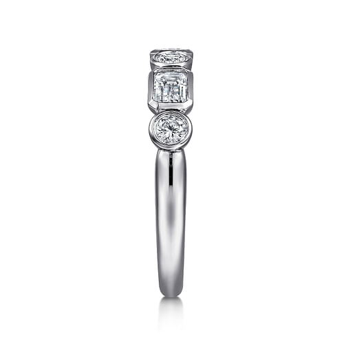 14K White Gold Bezel Set Emerald Cut and Round Diamond Anniversary Band