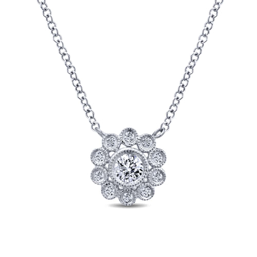 14K White Gold Bezel Set Floral Diamond Pendant Necklace