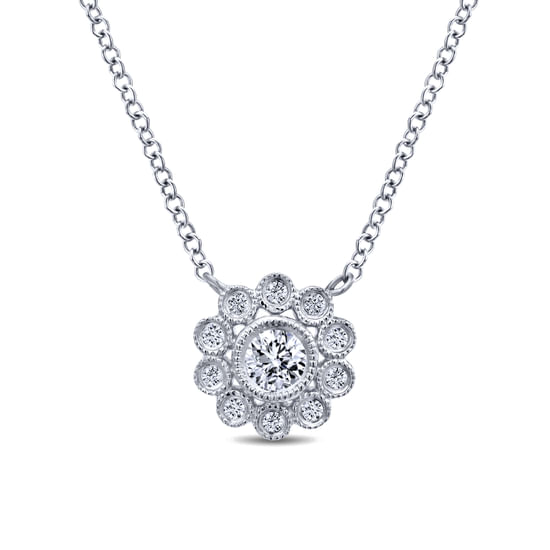 Gabriel - 14K White Gold Bezel Set Floral Diamond Pendant Necklace