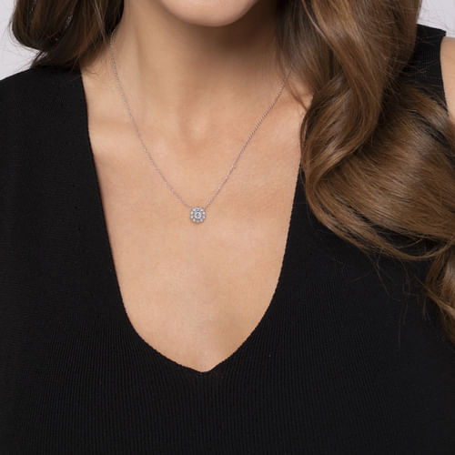 14K White Gold Bezel Set Floral Diamond Pendant Necklace