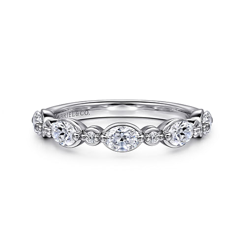 14K White Gold Bezel Set Oval and Round Diamond Anniversary Band