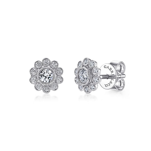 14K White Gold Bezel Set Round Diamond Flower Stud Earrings