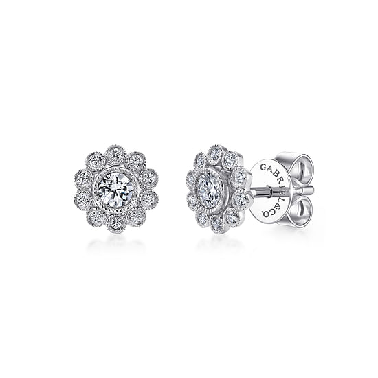 Gabriel - 14K White Gold Bezel Set Round Diamond Flower Stud Earrings