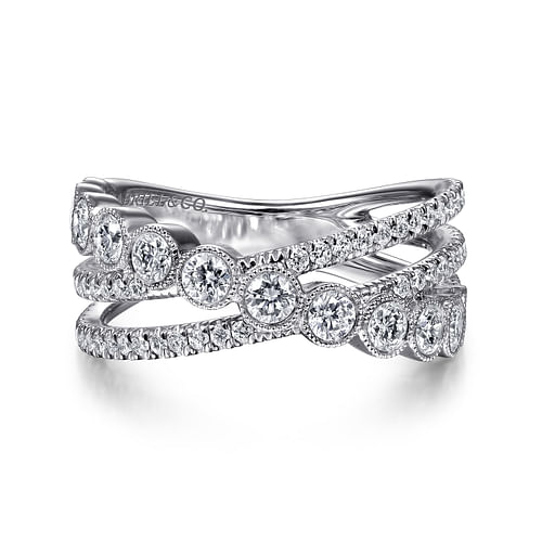 14K White Gold Bezel and Prong Set Criss Cross Diamond Ring