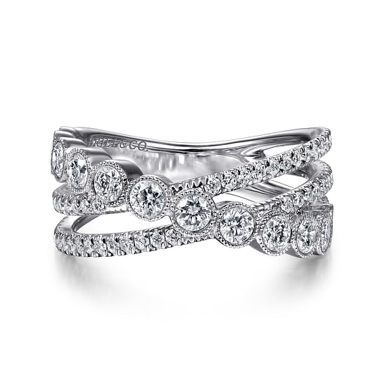 Gabriel - 14K White Gold Bezel and Prong Set Criss Cross Diamond Ring