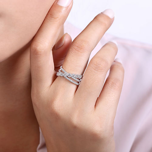 14K White Gold Bezel and Prong Set Criss Cross Diamond Ring