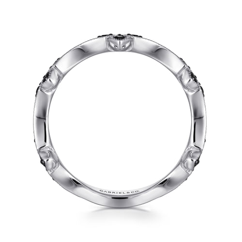 14K White Gold Black Diamond Floral Station Stackable Ring
