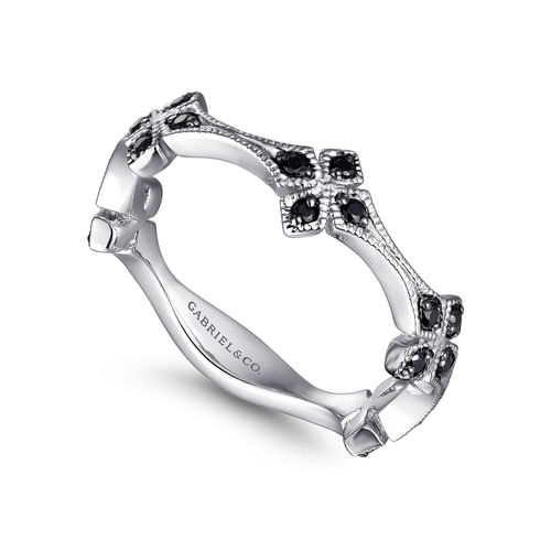 14K White Gold Black Diamond Floral Station Stackable Ring