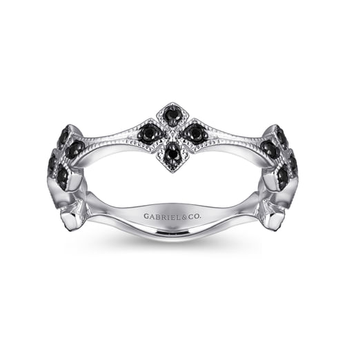 14K White Gold Black Diamond Floral Station Stackable Ring