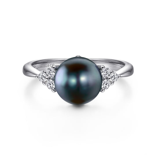 Gabriel - 14K White Gold Black Pearl and Diamond Cluster Ring