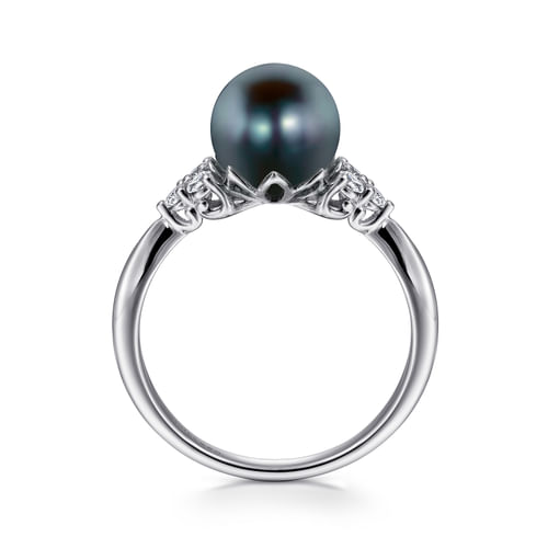 14K White Gold Black Pearl and Diamond Cluster Ring