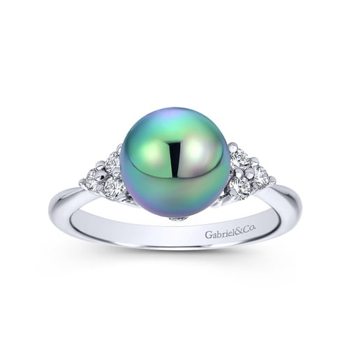 14K White Gold Black Pearl and Diamond Cluster Ring