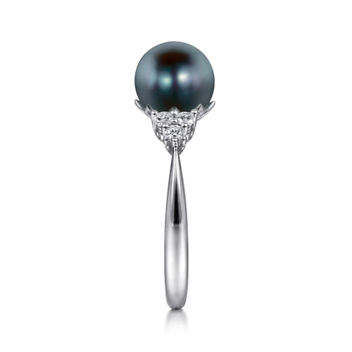 14K White Gold Black Pearl and Diamond Cluster Ring