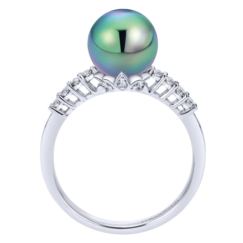 14K White Gold Black Pearl and Diamond Ring