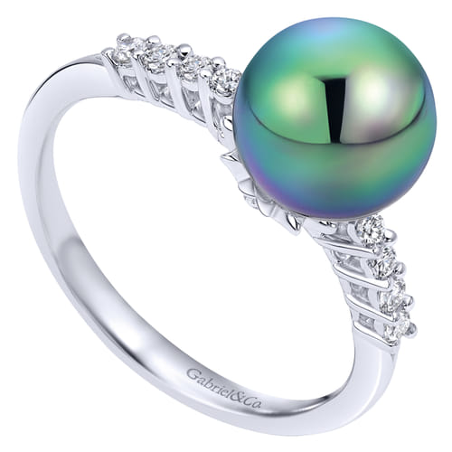 14K White Gold Black Pearl and Diamond Ring