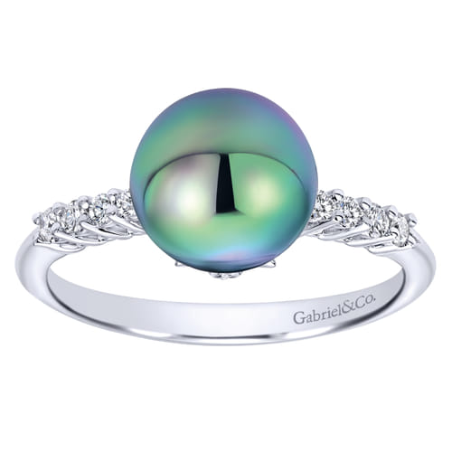 14K White Gold Black Pearl and Diamond Ring