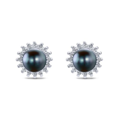 14K White Gold Black Pearl with Diamond Halo Stud Earrings