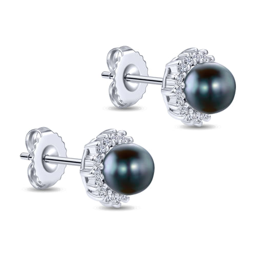 14K White Gold Black Pearl with Diamond Halo Stud Earrings