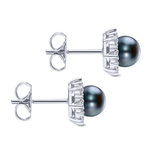 14K White Gold Black Pearl with Diamond Halo Stud Earrings