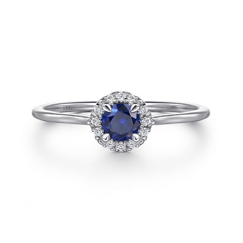 14K White Gold Blue Sapphire and Diamond Halo Promise Ring