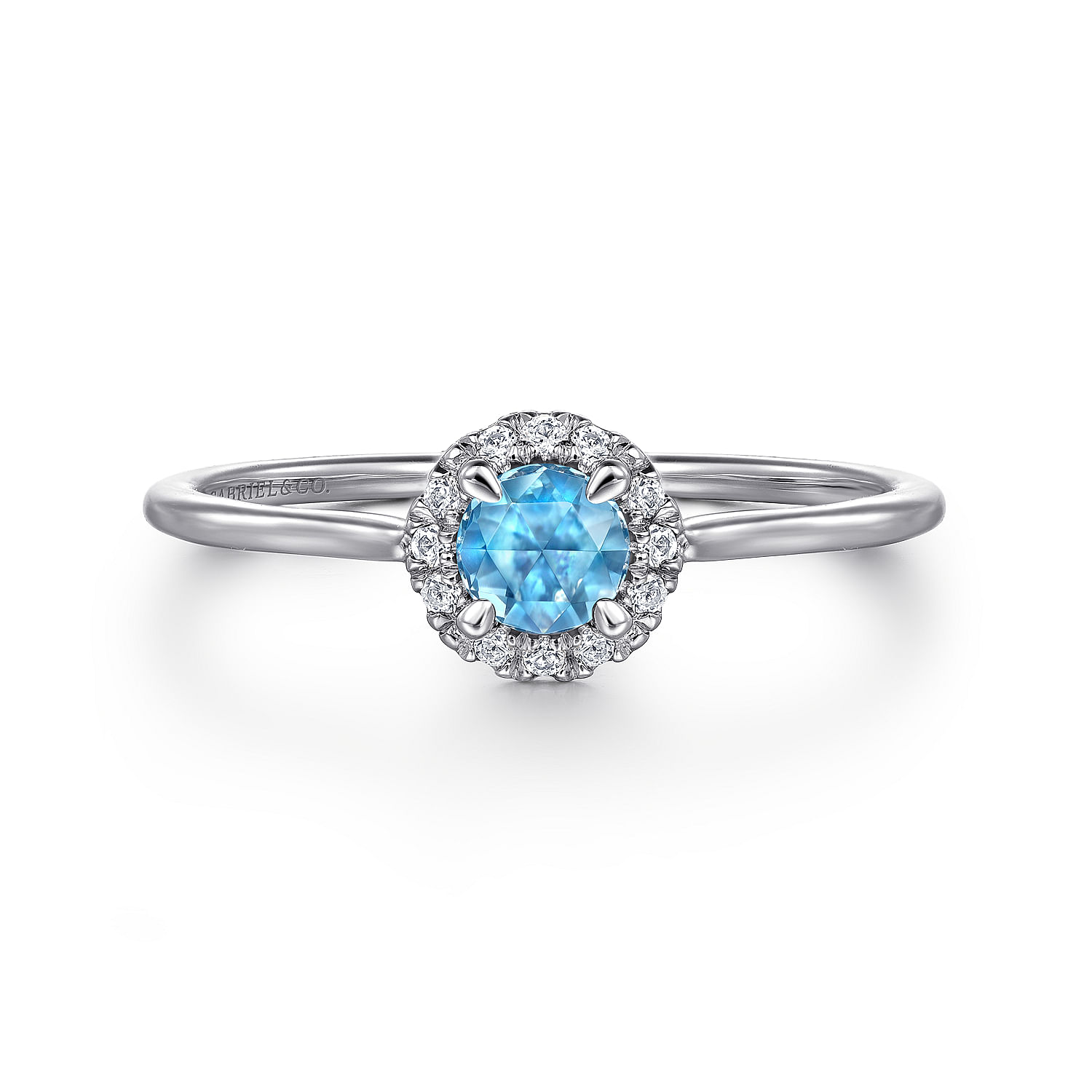 Gabriel - 14K White Gold Blue Topaz and Diamond Halo Promise Ring