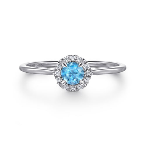 14K White Gold Blue Topaz and Diamond Halo Promise Ring