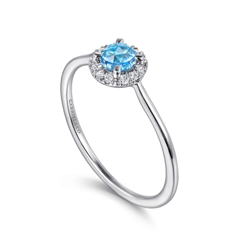 14K White Gold Blue Topaz and Diamond Halo Promise Ring