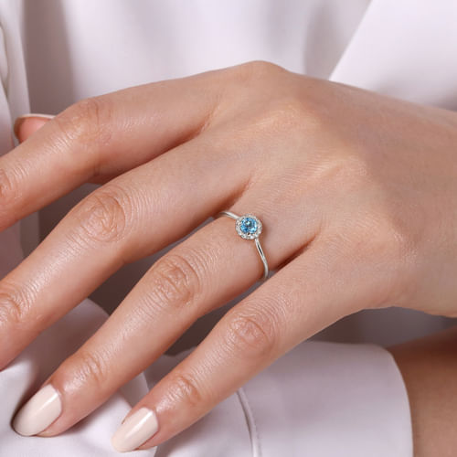 14K White Gold Blue Topaz and Diamond Halo Promise Ring
