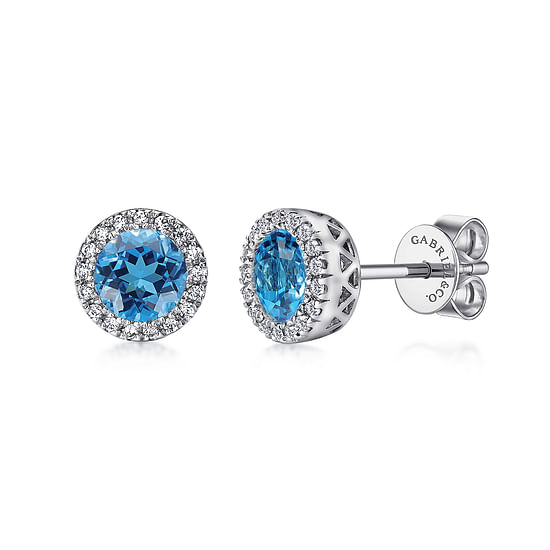 Gabriel - 14K White Gold Blue Topaz and Diamond Halo Stud Earrings