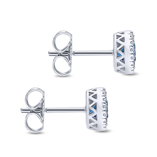 14K White Gold Blue Topaz and Diamond Halo Stud Earrings