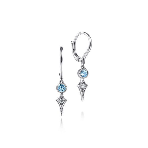 14K White Gold Blue Topaz and Spiked Diamond Kite Drop Earrings