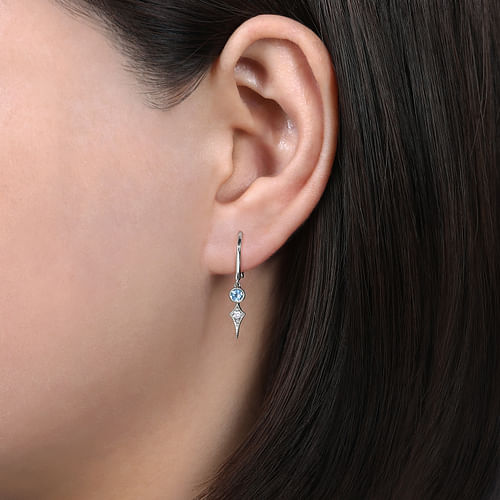 14K White Gold Blue Topaz and Spiked Diamond Kite Drop Earrings