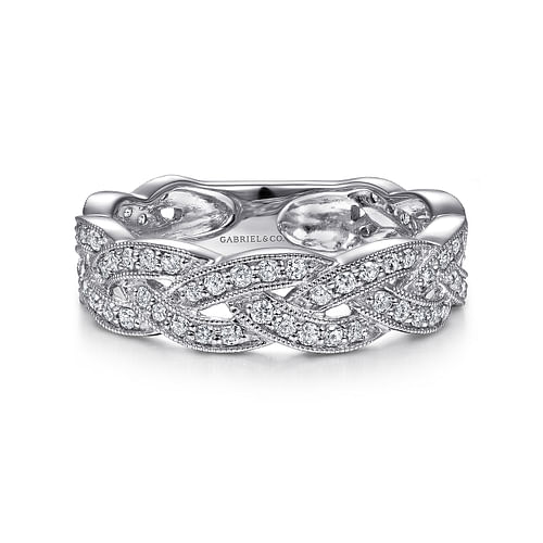 14K White Gold Braided Diamond Stackable Ring