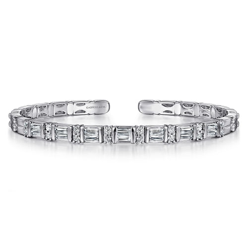 14K White Gold Bujukan Bangle With Diamond Baguette Stations