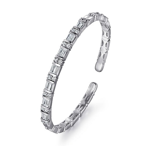 14K White Gold Bujukan Bangle With Diamond Baguette Stations