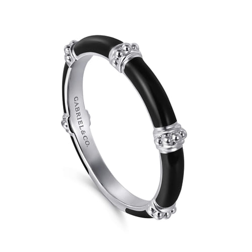 14K White Gold Bujukan Bar Split Stackable with Black Enamel