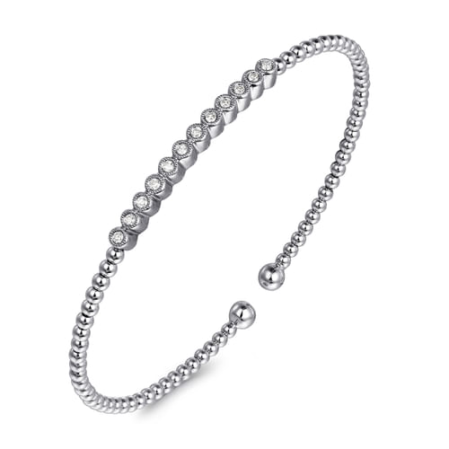 14K White Gold Bujukan Bead Cuff Bracelet with Bezel Set Diamond Stations