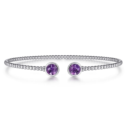 14K White Gold Bujukan Bead Cuff Bracelet with Bezel Set Round Amethyst