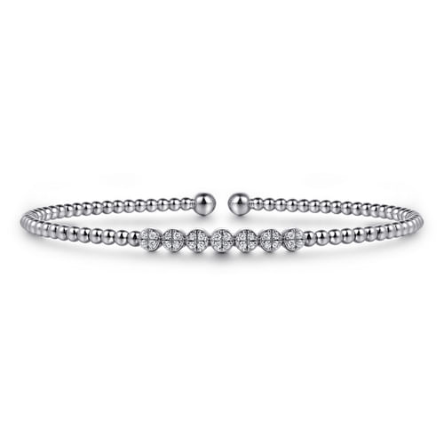 14K White Gold Bujukan Bead Cuff Bracelet with Cluster Diamond Stations