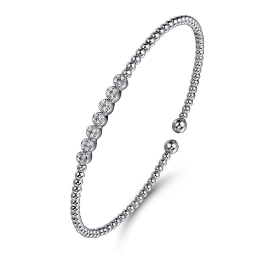 14K White Gold Bujukan Bead Cuff Bracelet with Cluster Diamond Stations