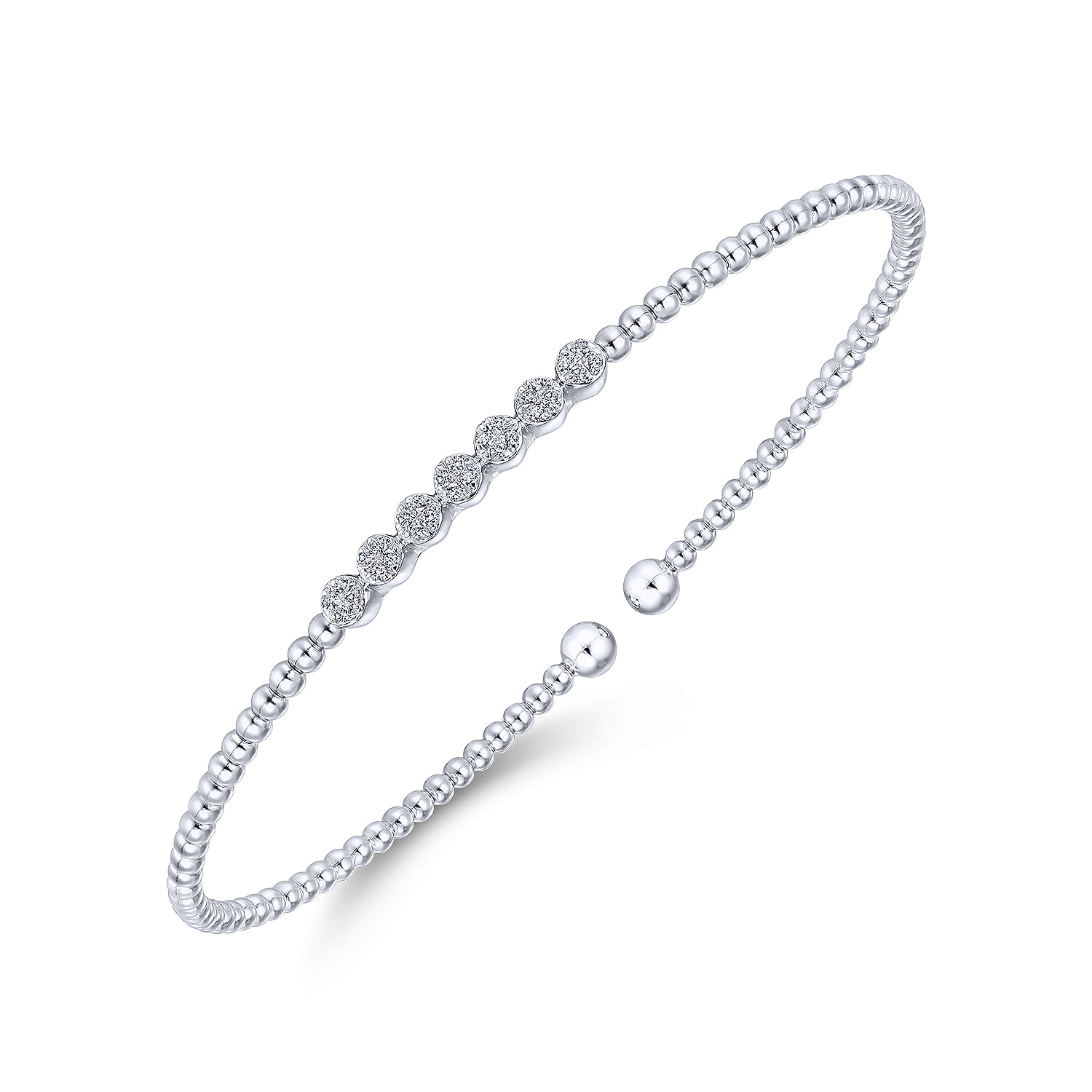 14K White Gold Bujukan Bead Cuff Bracelet with Cluster Diamond Stations