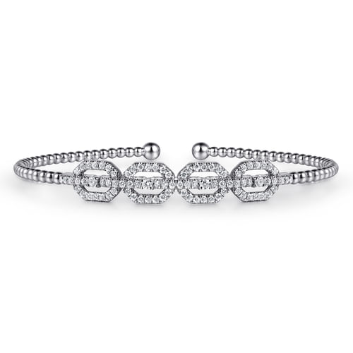 14K White Gold Bujukan Bead Cuff Bracelet with Diamond Pav¿ª Links