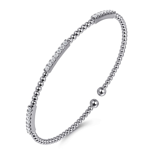 14K White Gold Bujukan Bead Cuff Bracelet with Diamond Pavé Stations