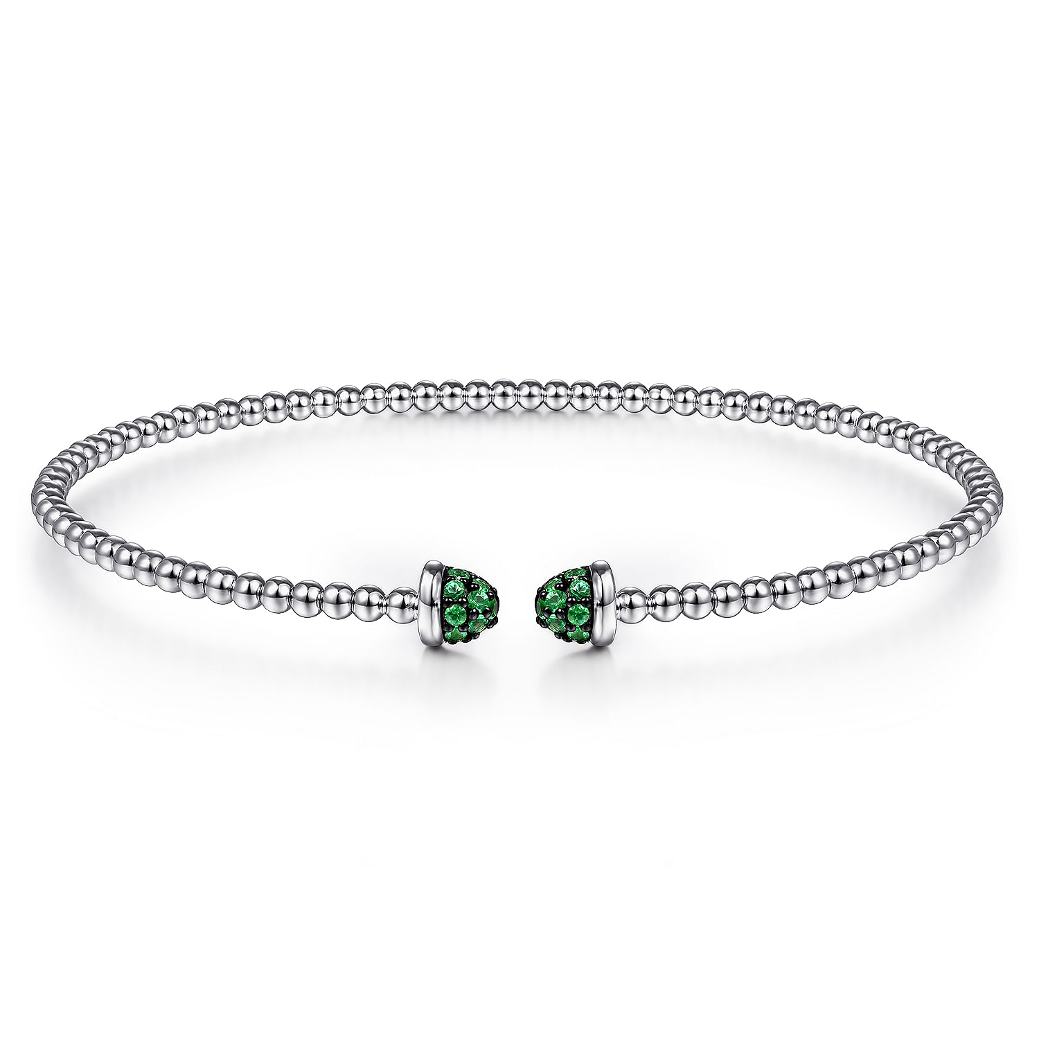 14K White Gold Bujukan Bead Cuff Bracelet with Emerald Pavé Caps