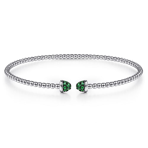 14K White Gold Bujukan Bead Cuff Bracelet with Emerald Pavé Caps