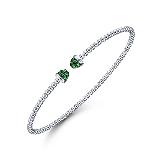 14K White Gold Bujukan Bead Cuff Bracelet with Emerald Pavé Caps