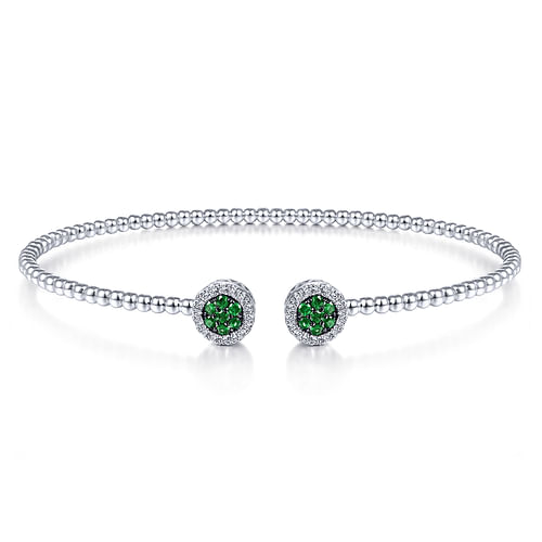 14K White Gold Bujukan Bead Cuff Bracelet with Emerald and Diamond Halo Caps